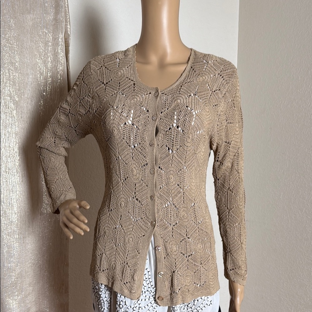 Vintage Rayon Hand Knit Country Exclusive Jones New York Women's Tan Cardigan